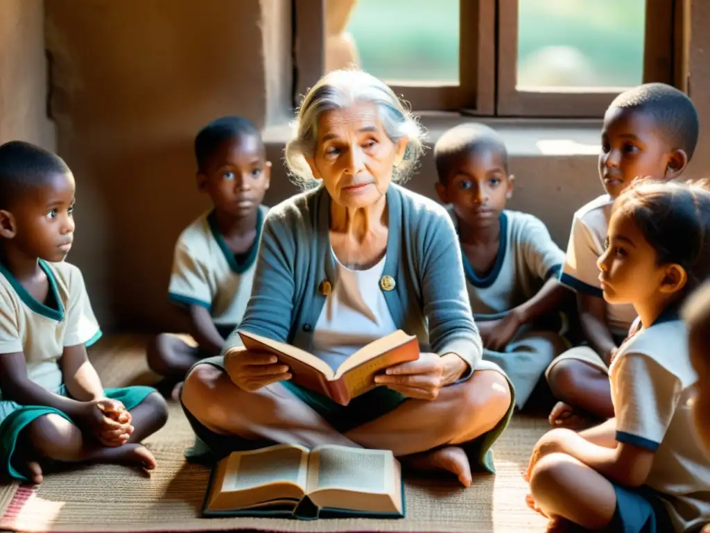 Una anciana cuenta historias a niños con un libro antiguo en un entorno cultural islámico