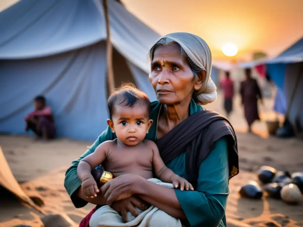 Resiliencia y esperanza en un campamento de refugiados rohingya Una anciana rohingya sostiene a su nieto en un campamento de refugiados, rodeada de tiendas en mal estado y rostros cansados