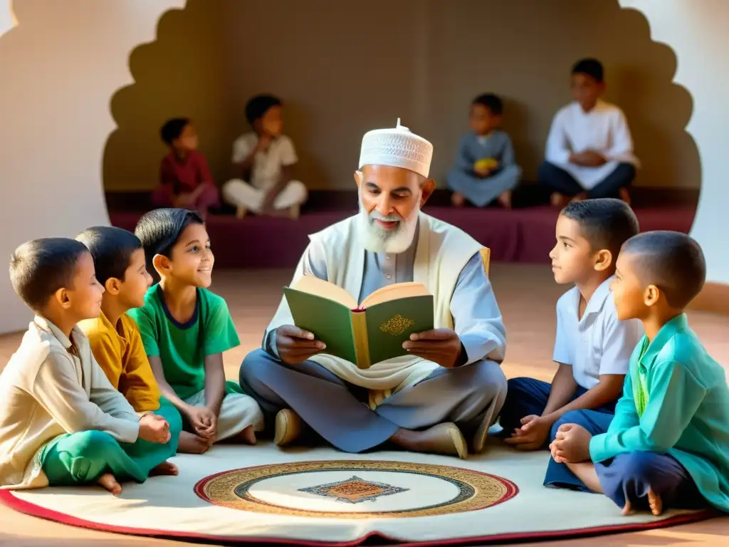 Un anciano lee cuentos del Islam a niños de diversidad cultural, generando fascinación y valores