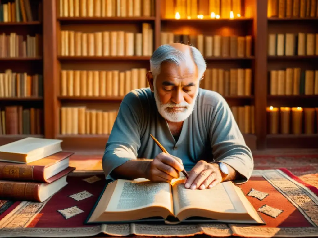 Un anciano preserva la genealogía islámica entre libros y pergaminos, iluminado por la luz dorada del atardecer