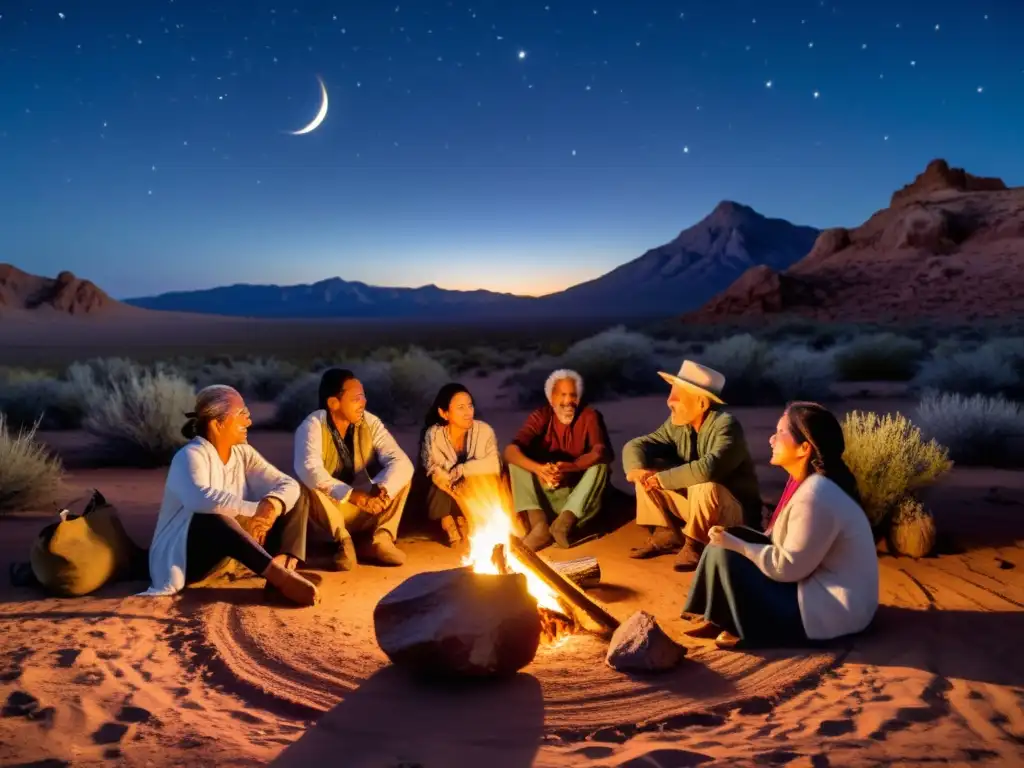 Un anciano cuenta una historia junto al fuego en una noche estrellada en el desierto, rodeado de gente atenta