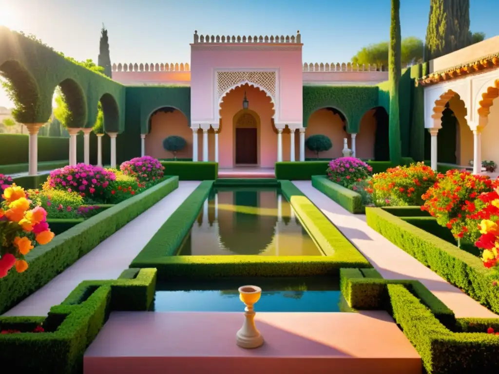 Un jardín andaluz con legado verde musulmán Península Ibérica: flores vibrantes, arquitectura detallada y serenidad atemporal