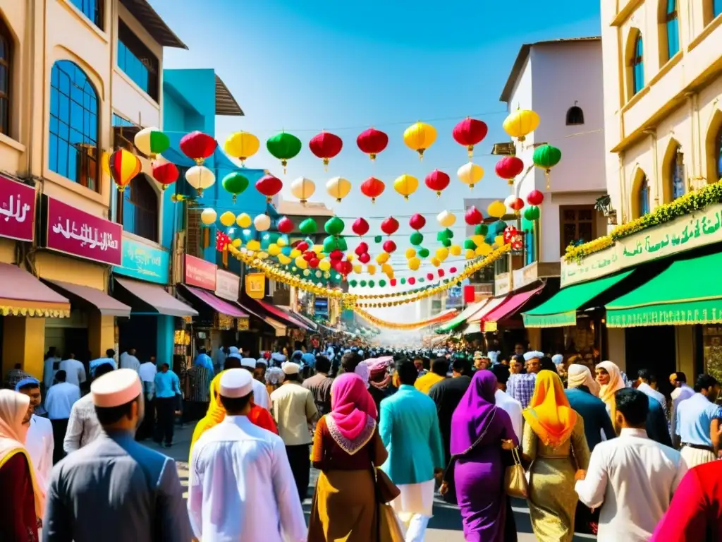 Animada celebración Eid alFitr Ramadán en la bulliciosa calle de la ciudad, con gente vestida con coloridos trajes tradicionales y edificios decorados