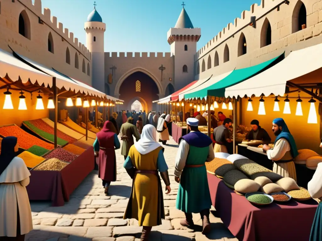 Una animada ilustración de un bullicioso mercado medieval, con intercambio cultural y comerciantes regateando