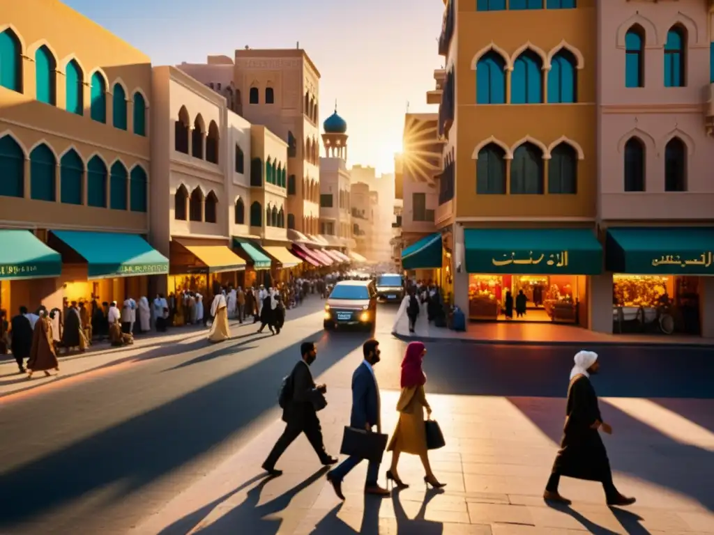 Una animada calle de una ciudad del Medio Oriente al atardecer, con luz dorada y una diversidad de personas