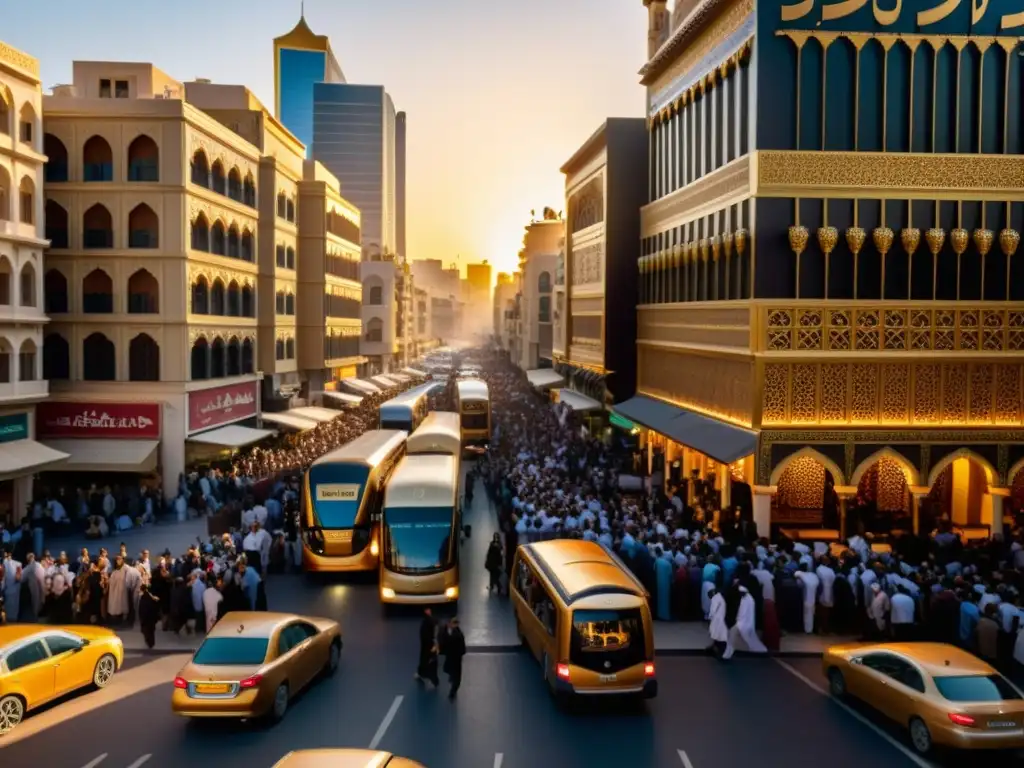 Una animada calle en el Medio Oriente, con una fusión de elementos tradicionales y modernos