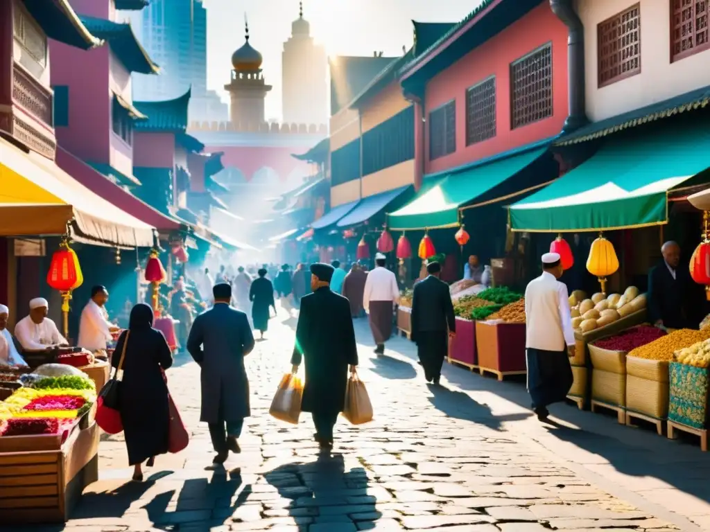 Una animada calle en una vibrante ciudad asiática, con una diversa multitud caminando junto a coloridos puestos de mercado y mezquitas tradicionales