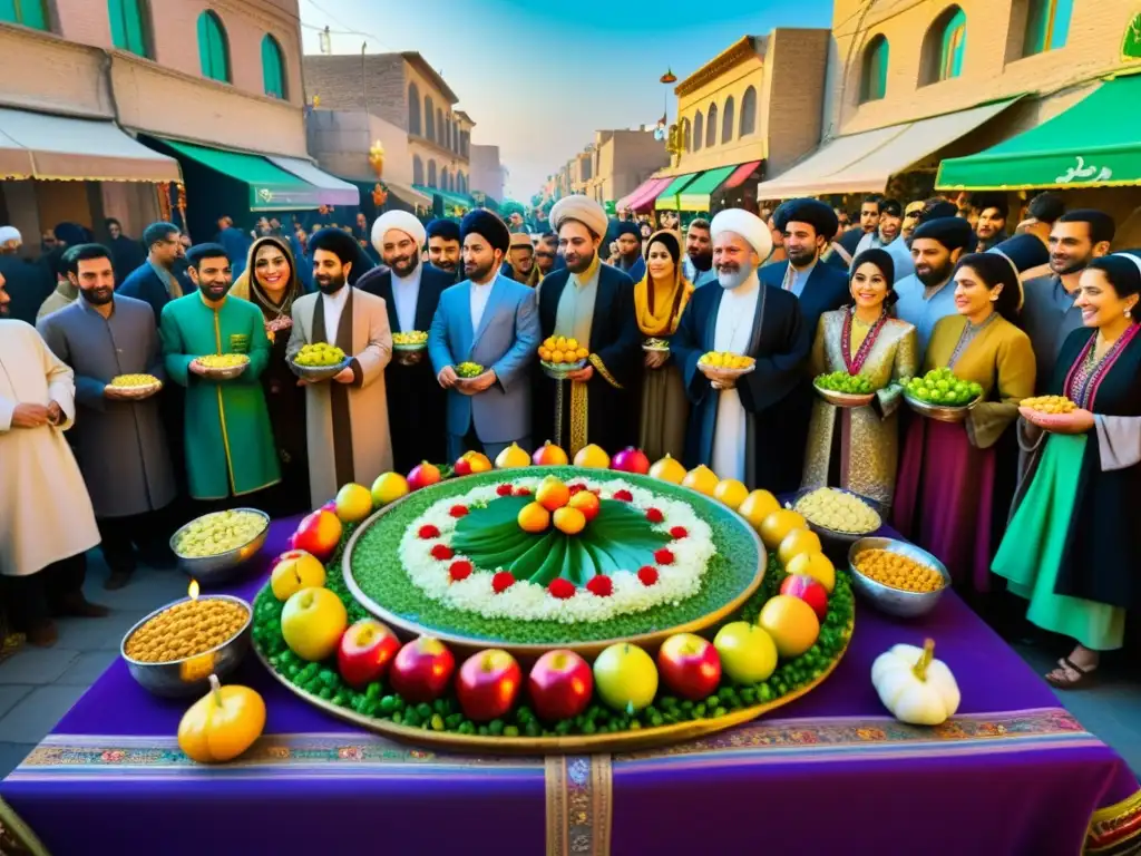 Una animada celebración de Nowruz en Irán, con gente vestida con trajes tradicionales, danzando y disfrutando de actividades festivas