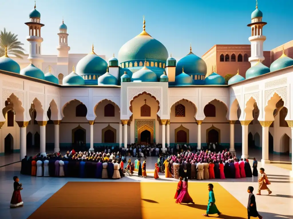 Una animada celebración en una mezquita llena de vida, reflejando la riqueza cultural y la unión en la comunidad musulmana