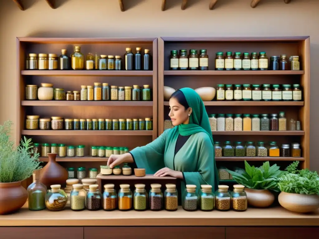 Una animada escena en una antigua farmacia islámica, con eruditos y sanadores preparando medicinas tradicionales