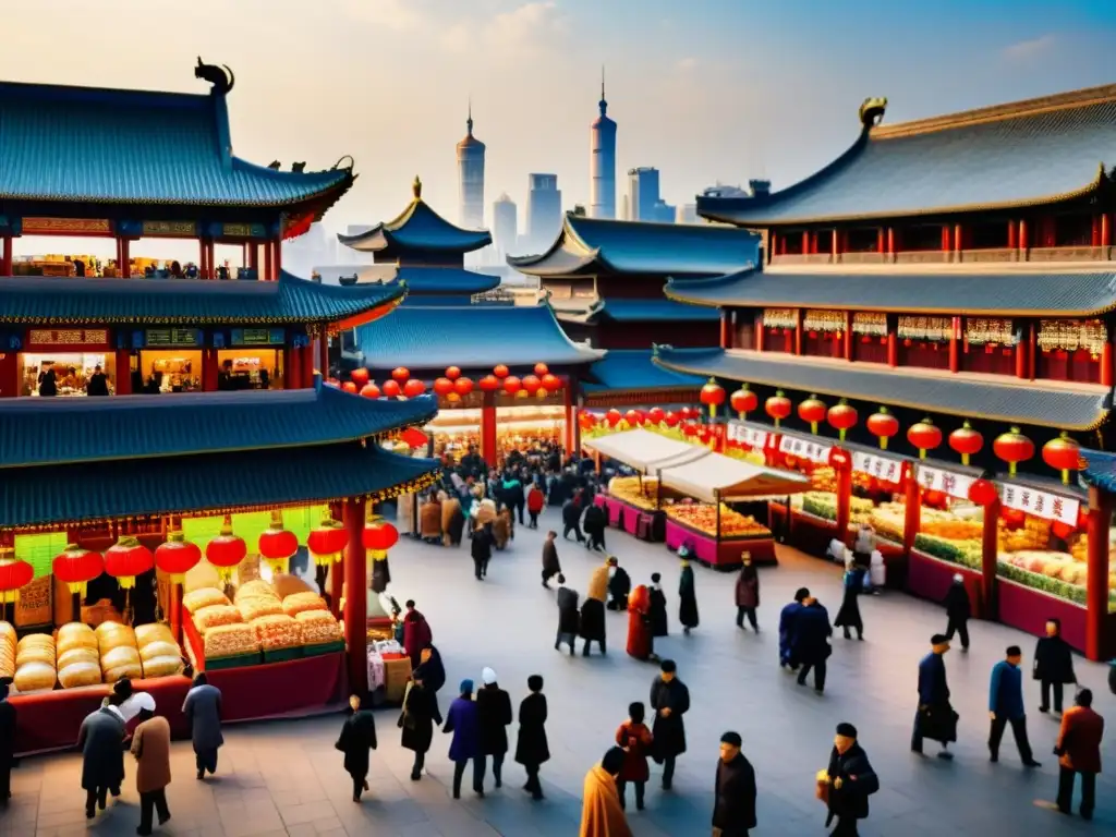 Una animada escena de un bullicioso mercado en una ciudad histórica china, con influencia islámica y diversidad cultural