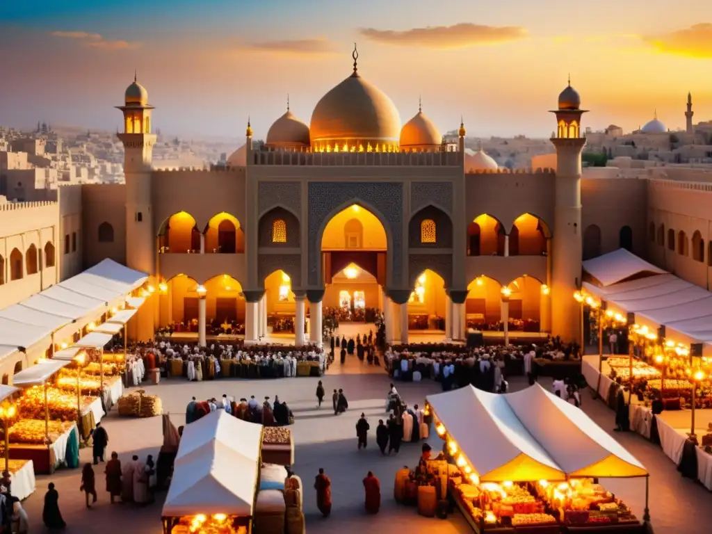 Una animada escena de un bullicioso mercado antiguo en una ciudad del Medio Oriente, iluminado por un cálido atardecer dorado