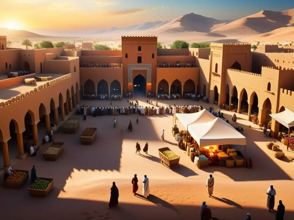 Una animada escena de un bullicioso mercado en la antigua Arabia al atardecer