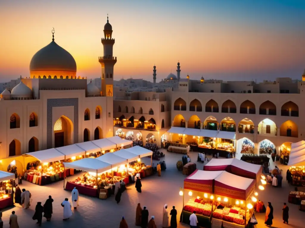 Mercado vibrante en ciudad histórica del Oriente Medio al atardecer Una animada escena de un bullicioso mercado en una antigua ciudad del Medio Oriente, donde la importancia de Mil y una noches en ética islámica se entrelaza con la riqueza cultural y tradición