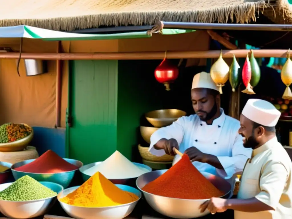 Una animada escena de mercado africano tradicional, con especias, hierbas y productos coloridos