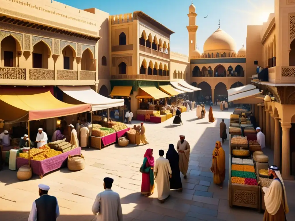 Una animada escena de mercado en una antigua ciudad del Medio Oriente, evocando los orígenes del jariyismo, chiismo y sunismo