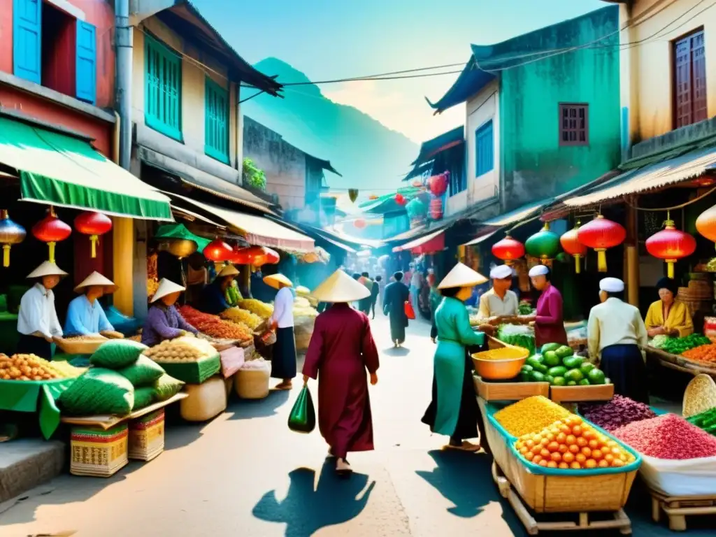 Una animada escena del mercado en una ciudad vietnamita, con la comunidad musulmana local interactuando y comerciando