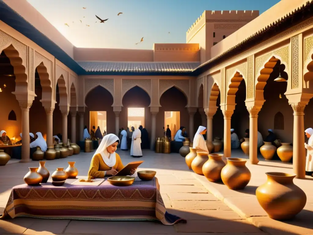 Mercado histórico islámico: Mujeres en el centro Una animada escena de mercado en una ciudad islámica histórica, resaltando las contribuciones históricas de mujeres en el Islam