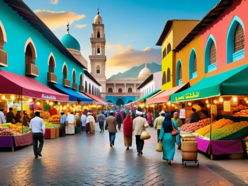 Una animada escena de mercado en una ciudad latinoamericana con descendientes de musulmanes, intercambiando bienes y vistiendo ropa tradicional