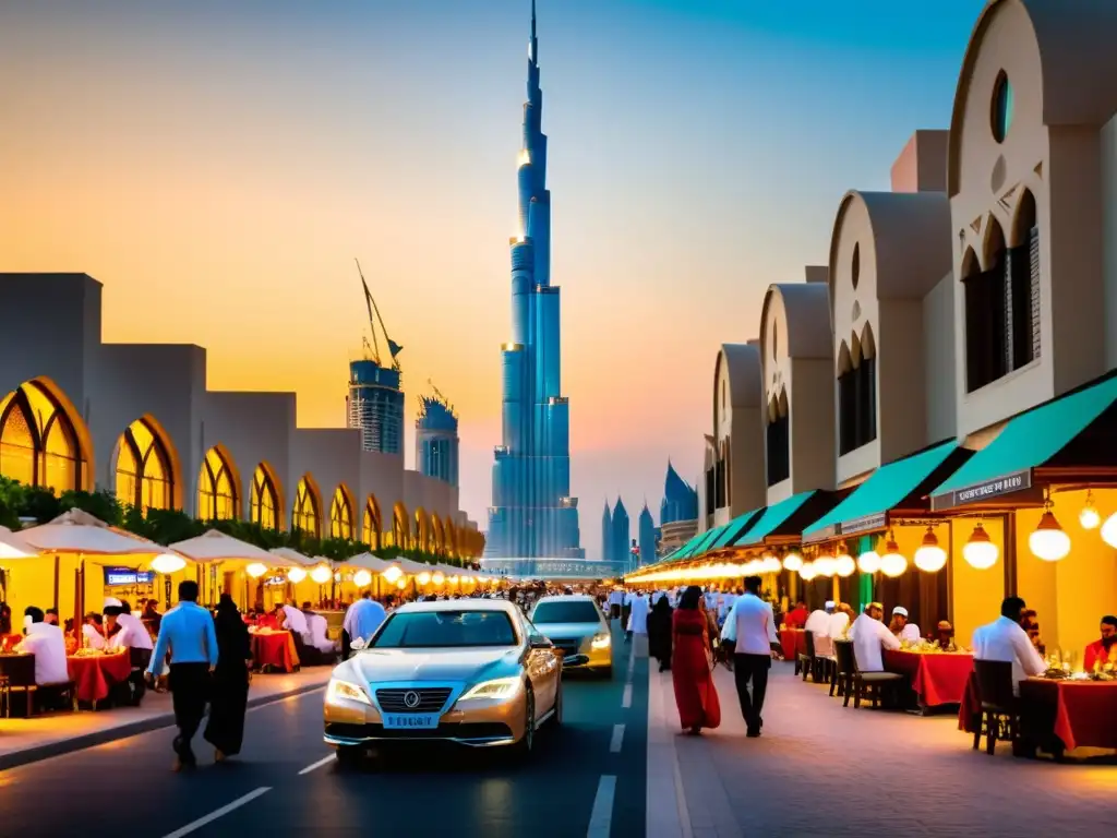 Animada escena nocturna en Dubai con el icónico Burj Khalifa al fondo y restaurantes halal vibrantes