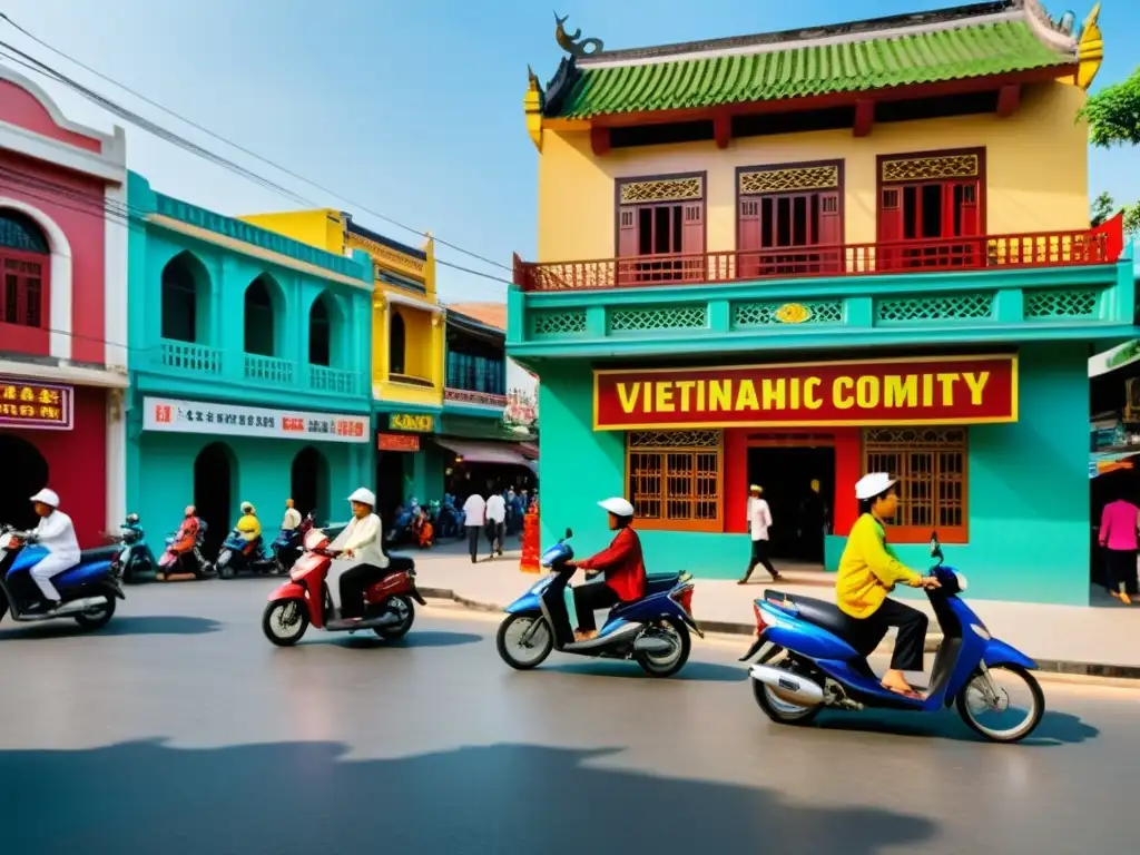 Una animada escena urbana en Vietnam, mezcla de arquitectura tradicional y vestimenta islámica