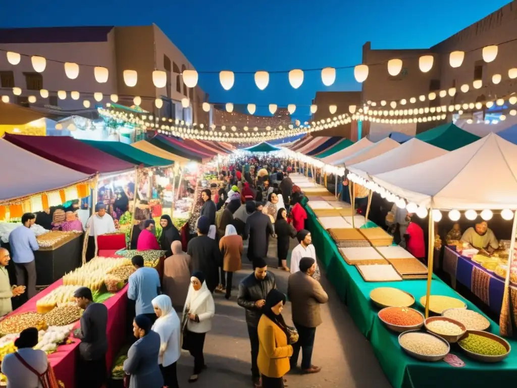 Una animada feria musulmana durante Laylat al-Qadr, llena de colores, comida, textiles y artesanías, iluminada por luces brillantes y linternas