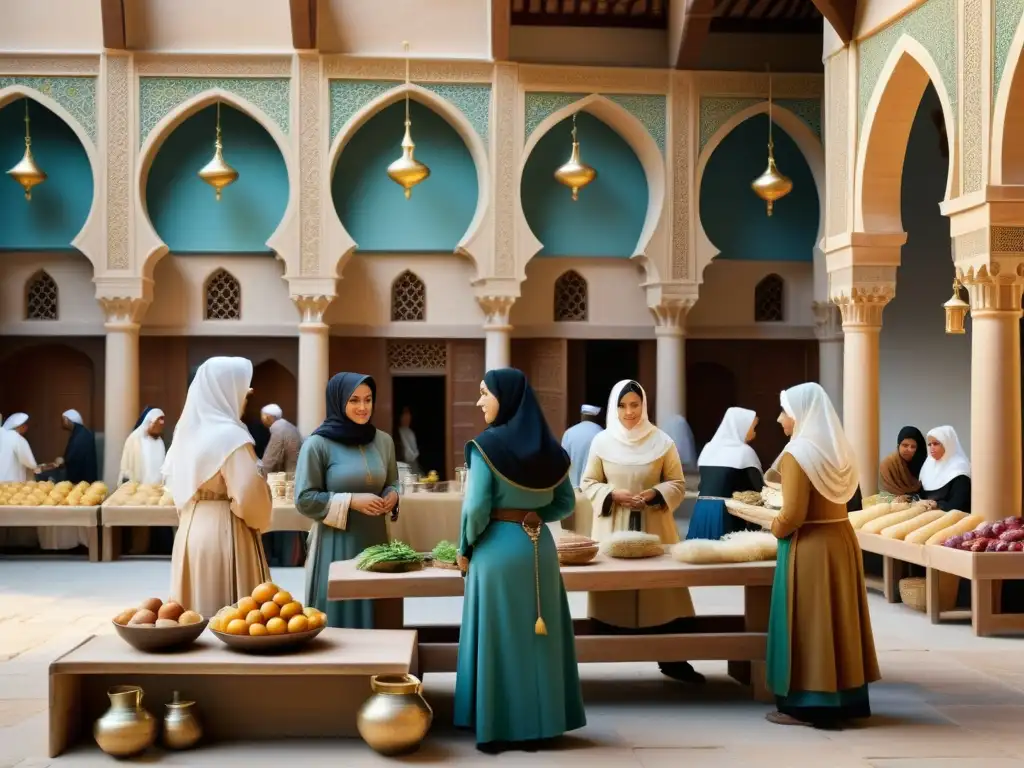 Una animada imagen realista de un bullicioso mercado medieval islámico, con mujeres participando en actividades científicas y académicas