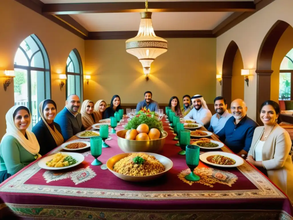 Una animada reunión familiar en un comedor espacioso y cálido, con una mesa llena de exquisitos platos de la vida diaria musulmán contemporáneo