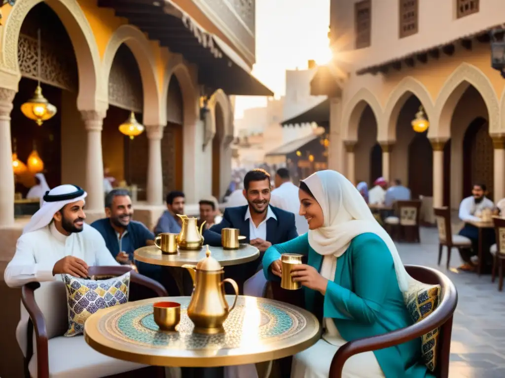 Un animado café al aire libre en una ciudad árabe histórica, con mesas de mosaico y cafeteras de latón