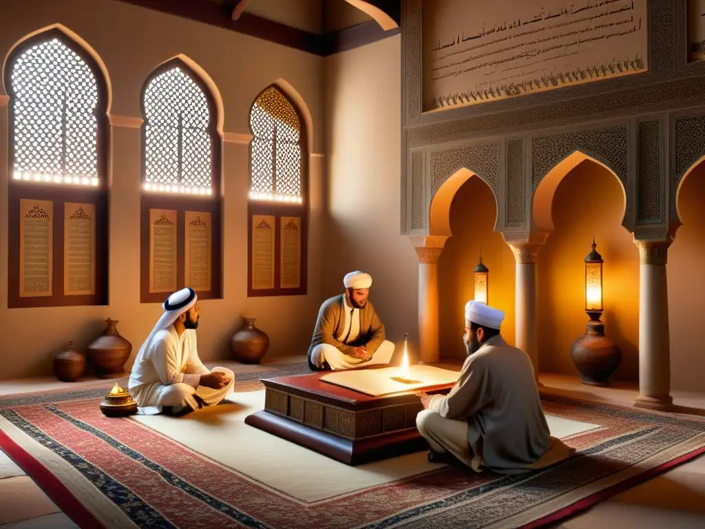 Vibrante debate sobre hadith en entorno islámico Un animado debate sobre las controversias del hadith en un entorno islámico tradicional, iluminado con cálida invitación