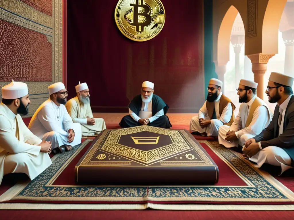 Un animado debate entre eruditos musulmanes sobre la permisibilidad de las criptomonedas en el Islam, con dispositivos digitales y textos antiguos