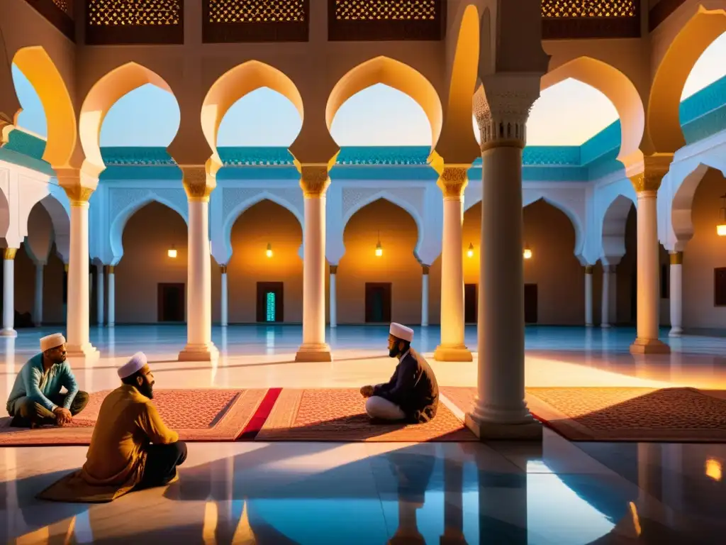 Un animado debate de eruditos en un patio de mezquita al atardecer, iluminado por cálida luz dorada entre los arcos y el suelo de mármol