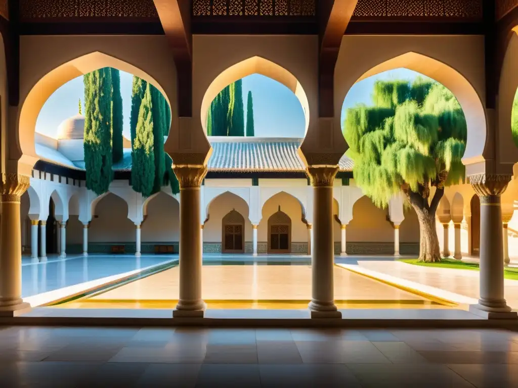 Un animado debate sobre jurisprudencia islámica influenciada por la lógica, en un tranquilo y soleado patio de una antigua mezquita