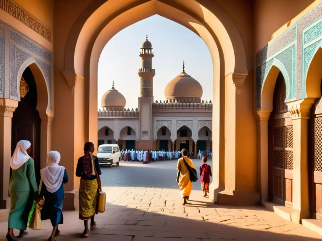 Un animado día en una ciudad africana, con niños en uniforme escolar dirigiéndose a una madrasa islámica