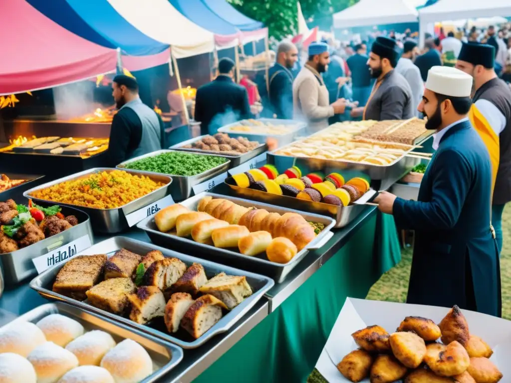 Un animado festival de comida al aire libre en Europa, con cocina islámica en Europa, que muestra una amplia variedad de platos halal