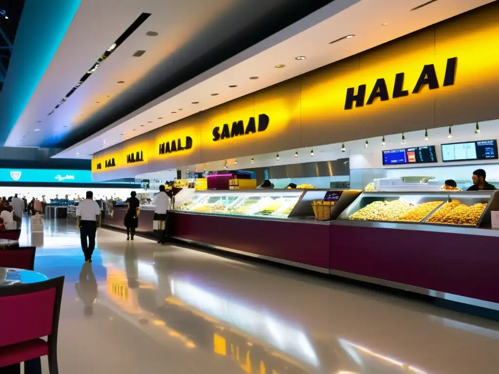 Un animado food court en el Aeropuerto Internacional Hamad en Doha, Qatar, con una diversidad de restaurantes Halal cerca aeropuertos