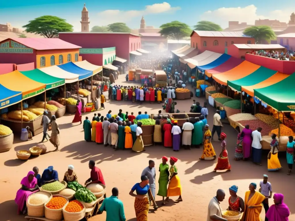 Animado mercado africano con minorías musulmanas en África, reflejando diversidad cultural y dinamismo comunitario