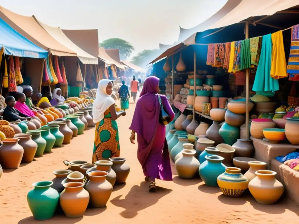 Un animado mercado africano con textiles coloridos, cerámica intricada y arte islámico