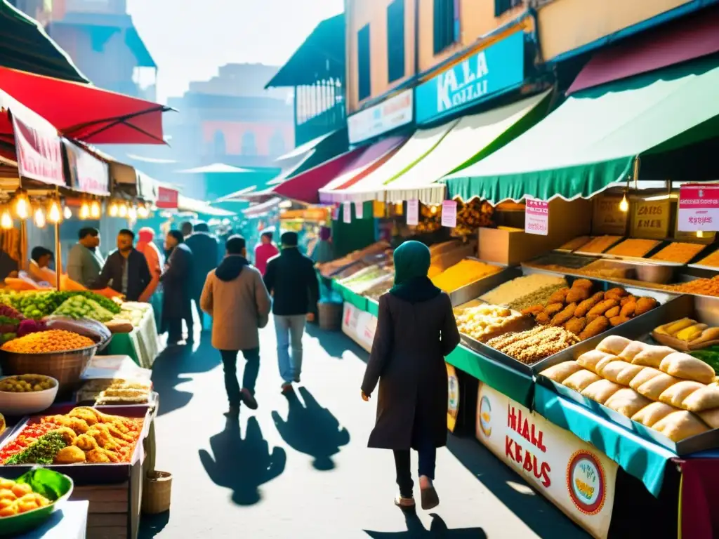 Un animado mercado al aire libre en una pintoresca ciudad, con puestos de comida halal y familias disfrutando de los sabores