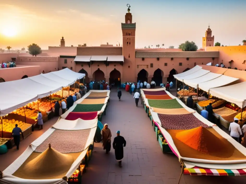 Un animado mercado al aire libre en Marrakech, Marruecos, con propuestas innovadoras de cocina islámica, especias coloridas y sabores exóticos