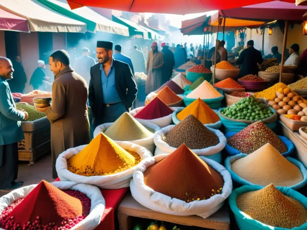 Un animado mercado al aire libre en Marruecos, con vendedores ofreciendo especias coloridas, frutas frescas y platos tradicionales