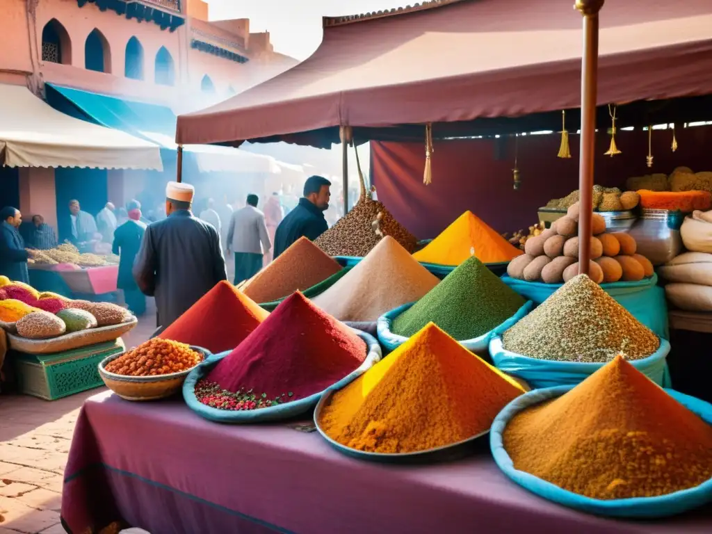 Un animado mercado al aire libre en Marrakech, Marruecos, rebosante de especias coloridas, frutas frescas y hierbas aromáticas