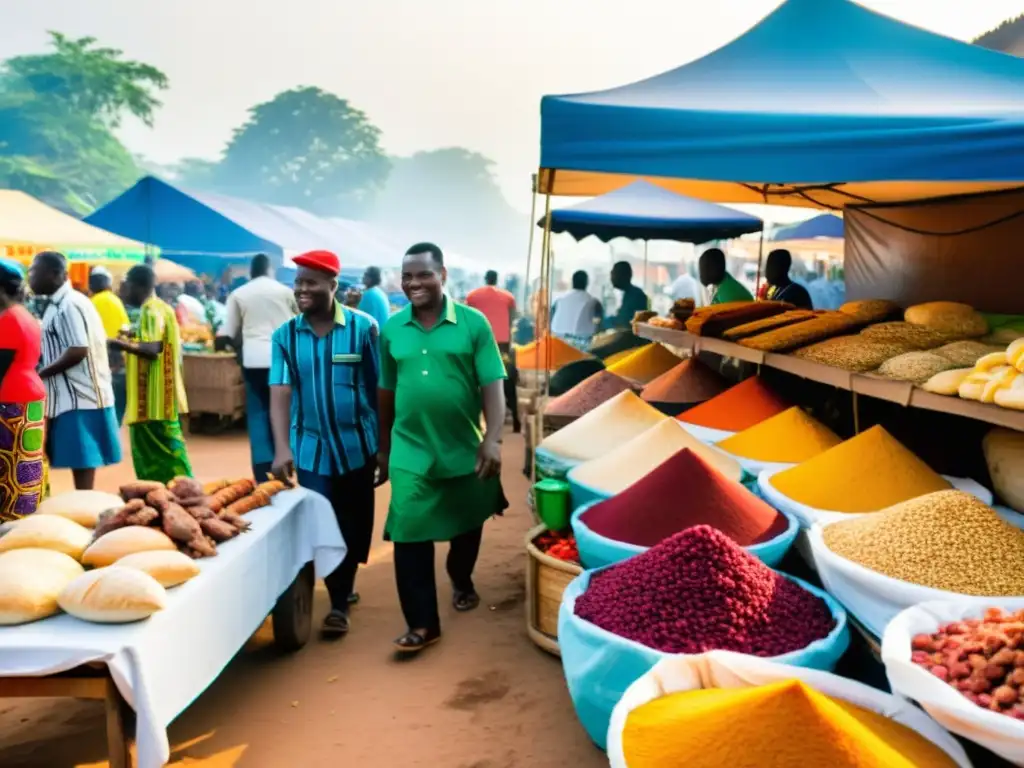 Un animado mercado al aire libre en Ghana, con puestos de comida halal y una atmósfera llena de energía y comunidad