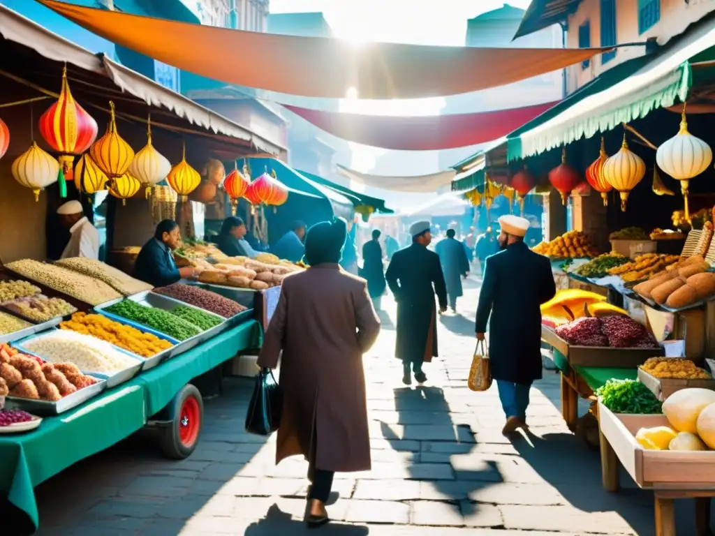 Un animado mercado al aire libre en una ciudad extranjera, con puestos de comida halal y vendedores en trajes tradicionales