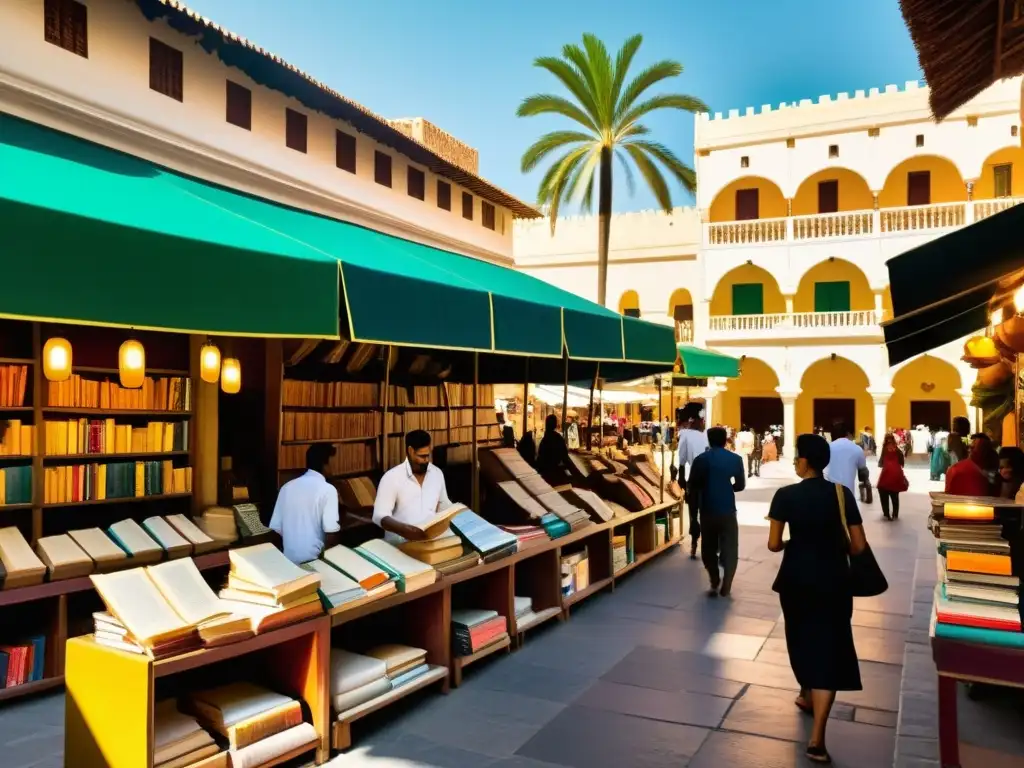 Animado mercado en AlÁndalus, con colores vibrantes y arquitectura detallada