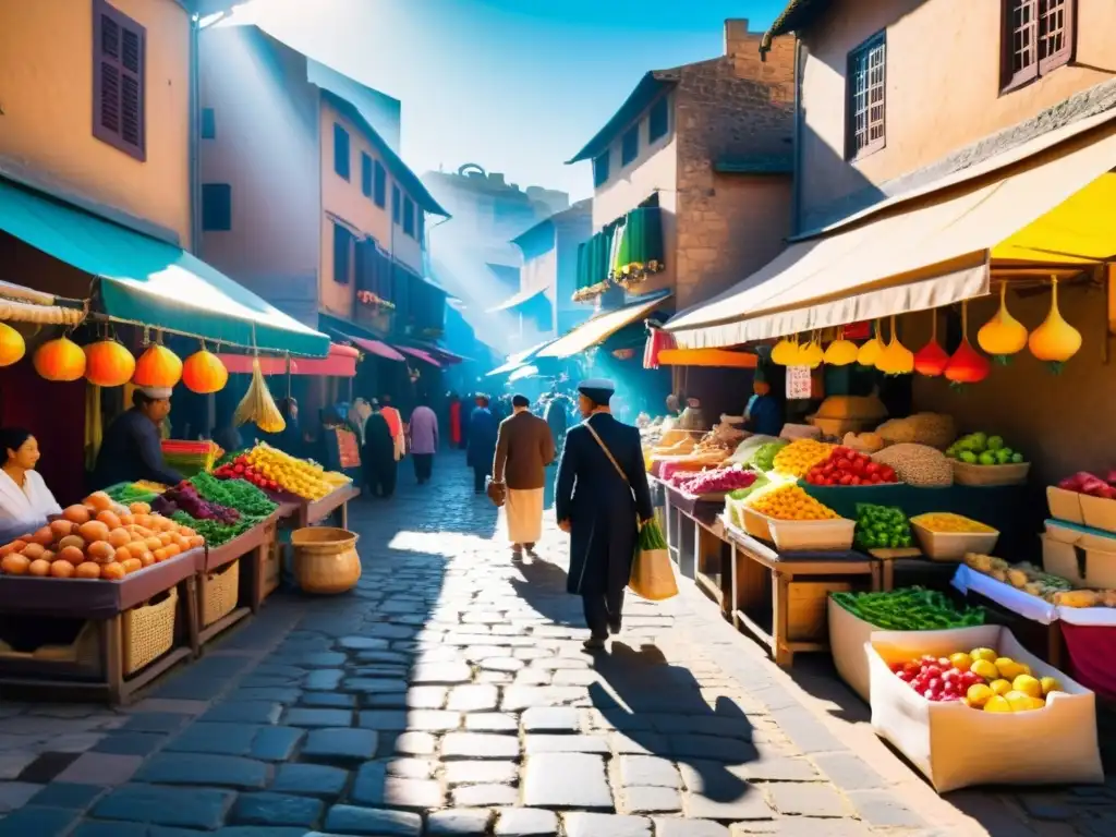 Un animado mercado en una antigua ciudad islámica, con puestos coloridos y vendedores ofreciendo frutas, verduras y especias frescas