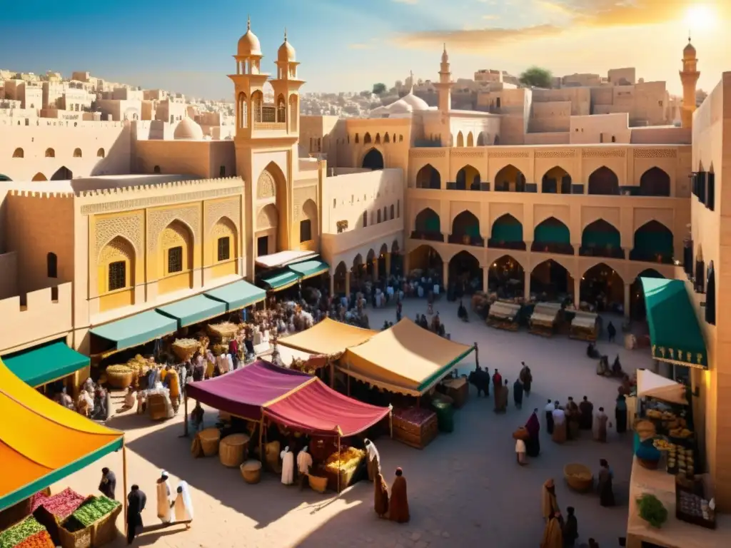 Animado mercado en una antigua ciudad del Medio Oriente durante la Conmemoración Chiíta Id alGhadeer, con edificios decorados y textiles coloridos, reflejando la vibrante atmósfera del evento