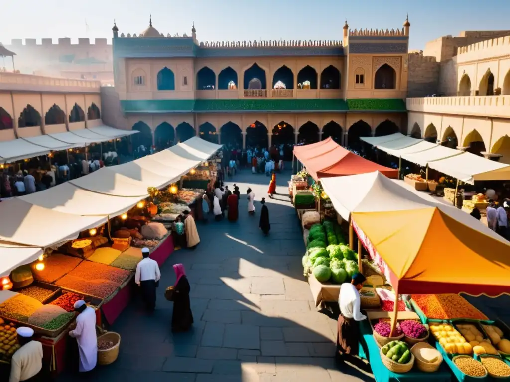 Un animado mercado en una antigua ciudad, con vendedores ofreciendo una colorida variedad de alimentos halal