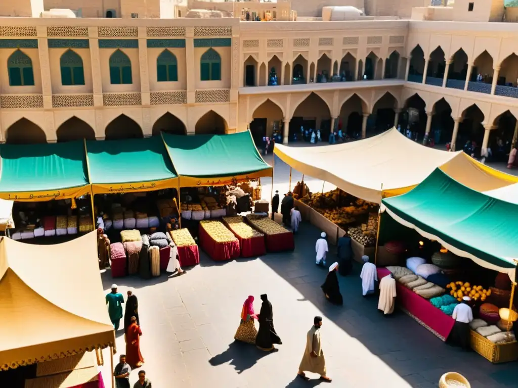 Un animado mercado en la antigua Bagdad con la imponente Casa de la Sabiduría al fondo, atrayendo a todos con su grandiosidad y conocimiento