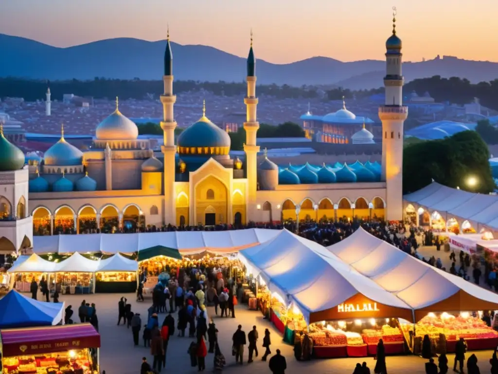 Un animado mercado al atardecer, lleno de puestos de alimentos halal y artesanías